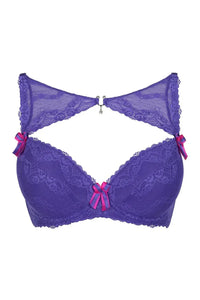 Axami Wisteria high-neck push-up bra in vivid violet lace with pink bows and a rhinestone jewel.