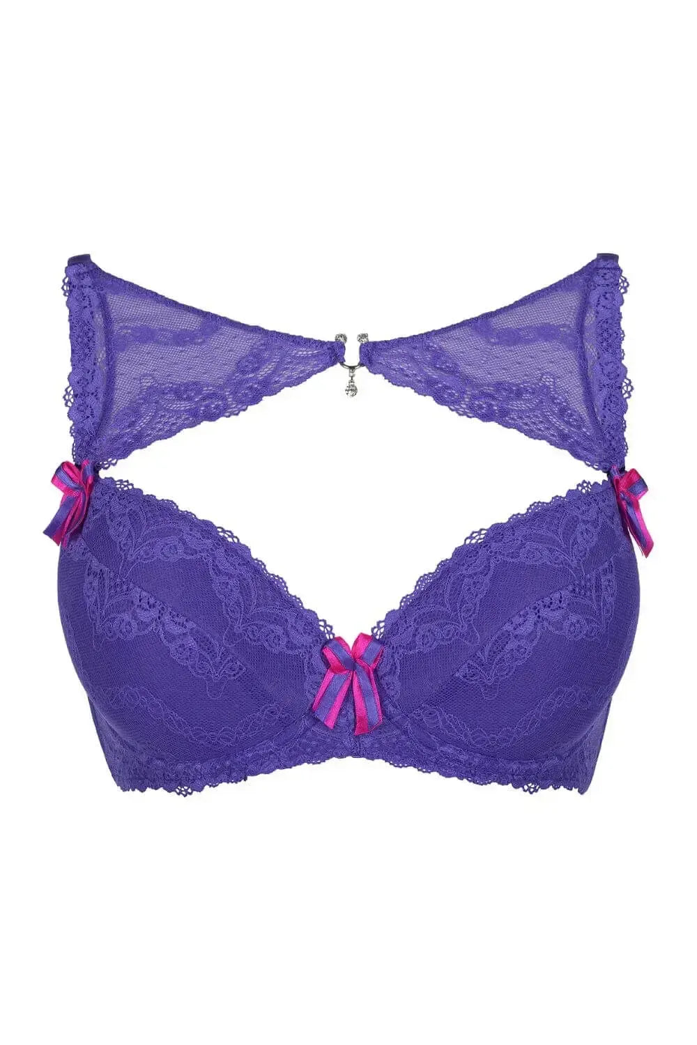 Axami Wisteria high-neck push-up bra in vivid violet lace with pink bows and a rhinestone jewel.