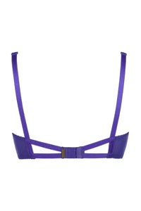 Axami Wisteria high-neck push-up bra, vivid violet lace, unique back design, and luxurious rhinestone jewel.