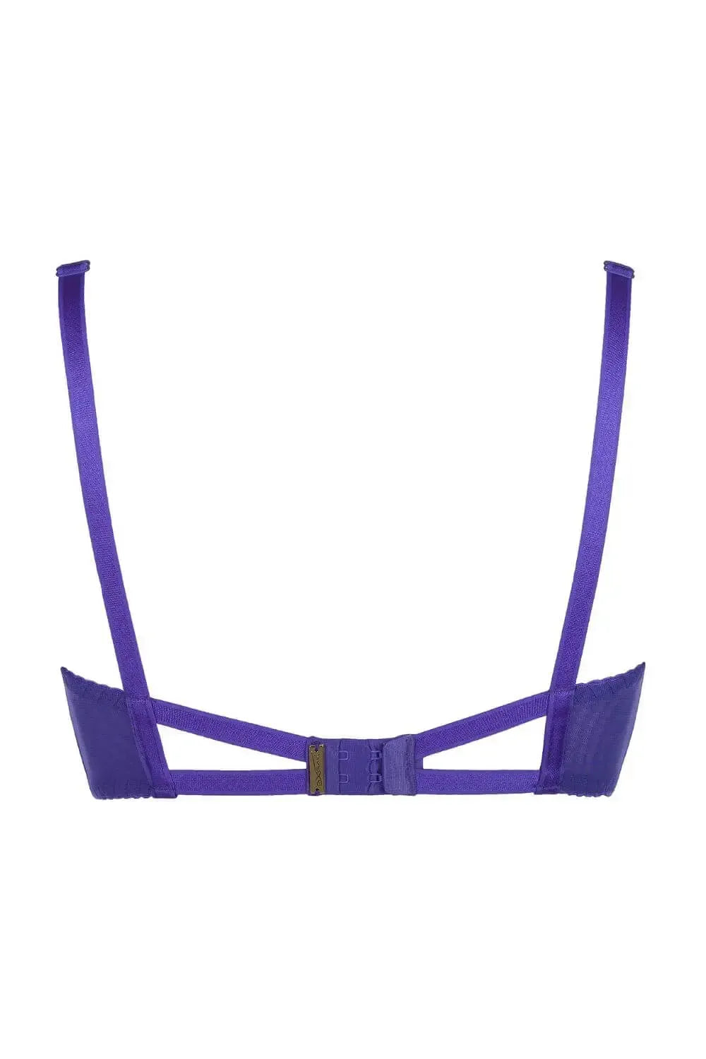 Axami Wisteria high-neck push-up bra, vivid violet lace, unique back design, and luxurious rhinestone jewel.