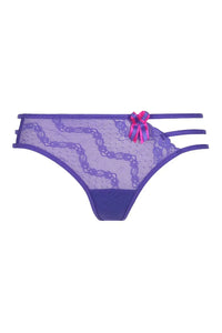 Extravagant vivid purple lace V-string thong with a coquettish pink bow and delicate straps.