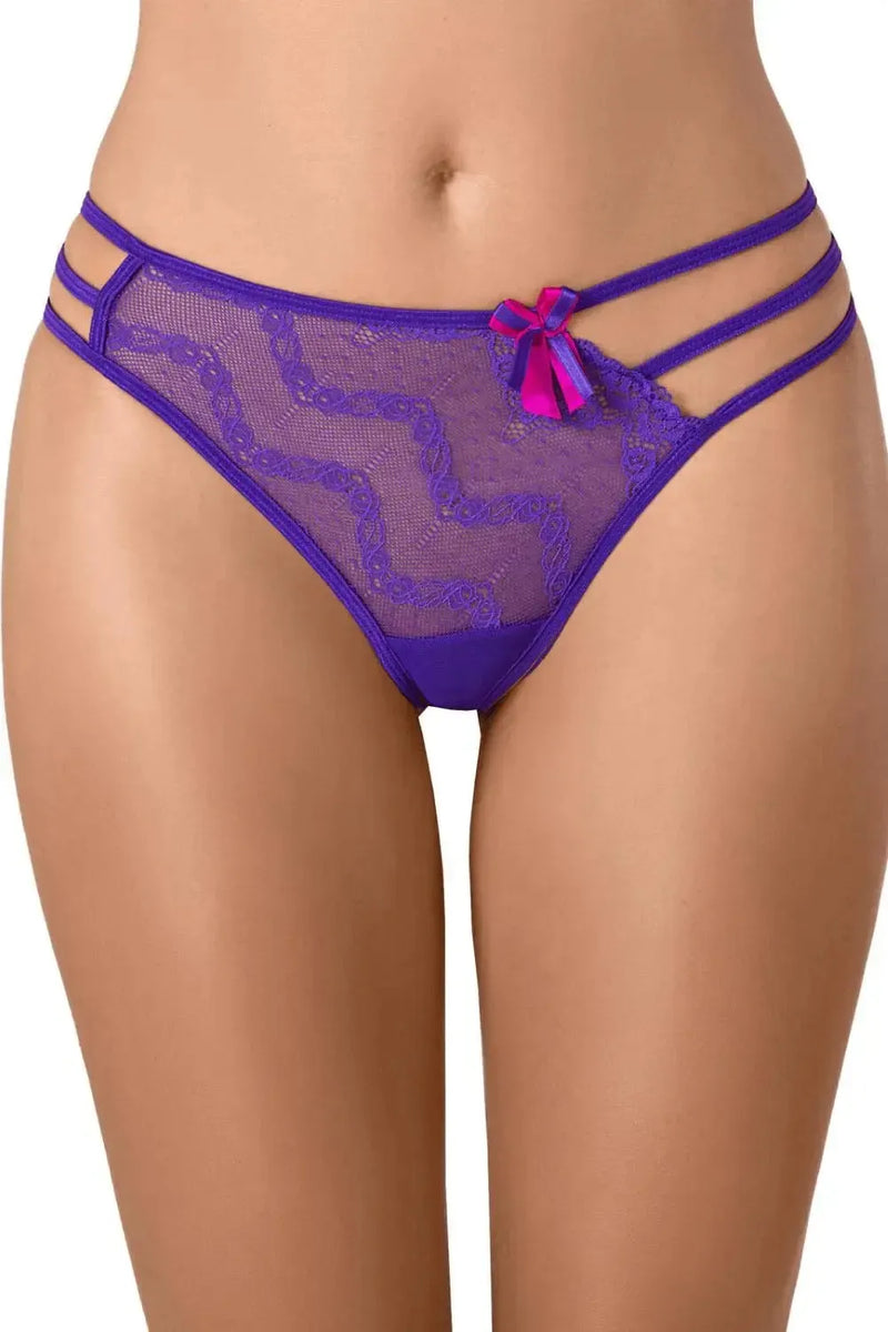 Extravagant vivid purple lace V-string thong with coquettish pink bow, highlighting hips.