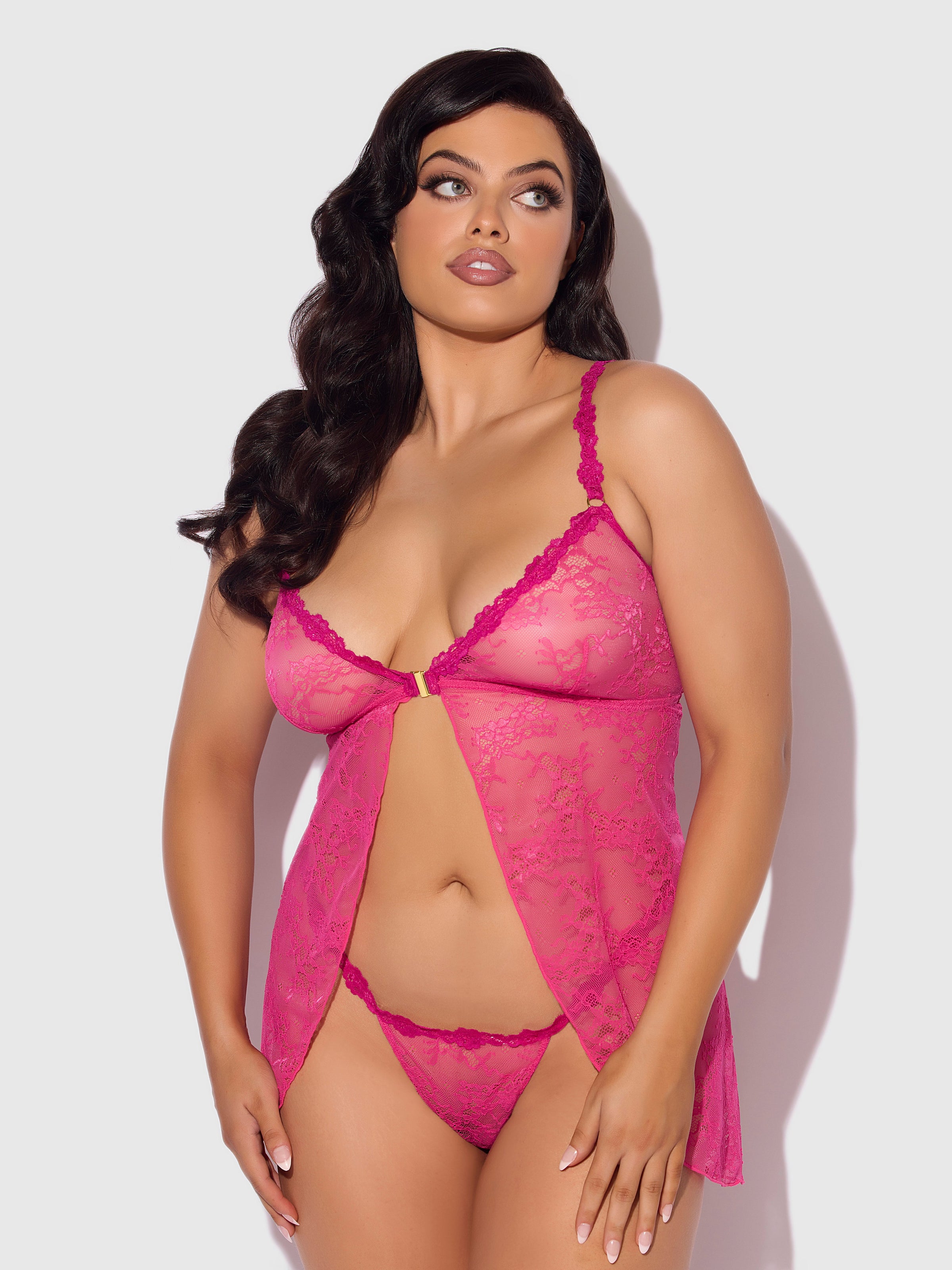 House of Desire Yvone Lace Openable Cup Flyaway Front Babydoll Purple Fuchsia