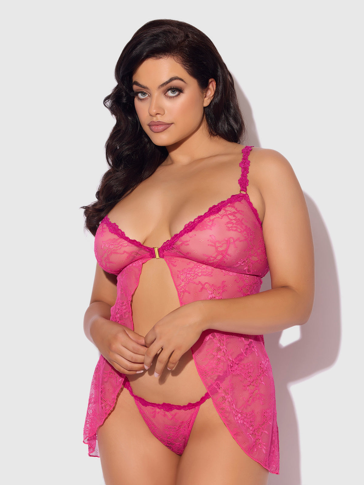 Yvone Lace Openable Cup Flyaway Front Babydoll Purple Fuchsia