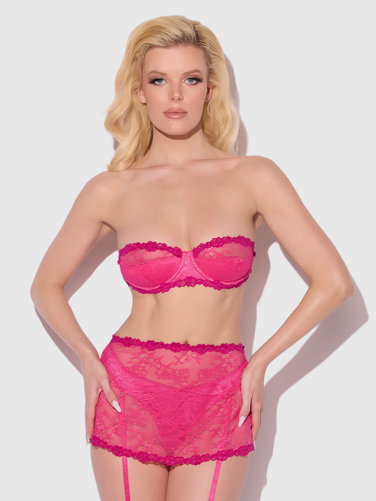 Yvone Lace Skirted Garter Panty Bra Set Purple Fuchsia