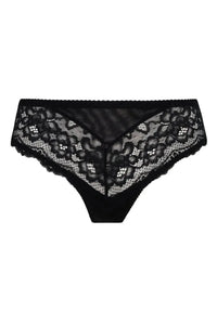 Black Zaina lace bikini briefs with delicate lace and triangular tulle inserts, emphasizing hips.