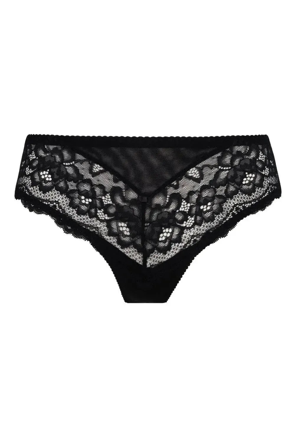 Black Zaina lace bikini briefs with delicate lace and triangular tulle inserts, emphasizing hips.