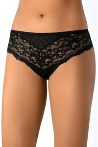Black Zaina lace bikini briefs with delicate floral lace, triangular tulle, and a keyhole back with a bow.