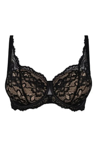 Luxurious Zaina Lace Push-up Bra with black lace on a beige background, featuring wider lace shoulder straps.
