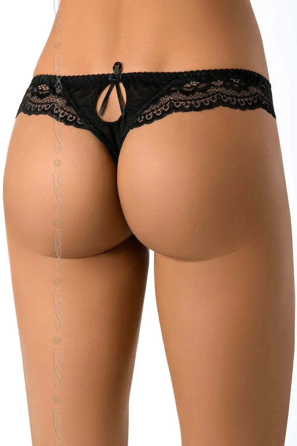 Seductive Axami Zaina black lace thong with keyhole back and delicate bow detail.