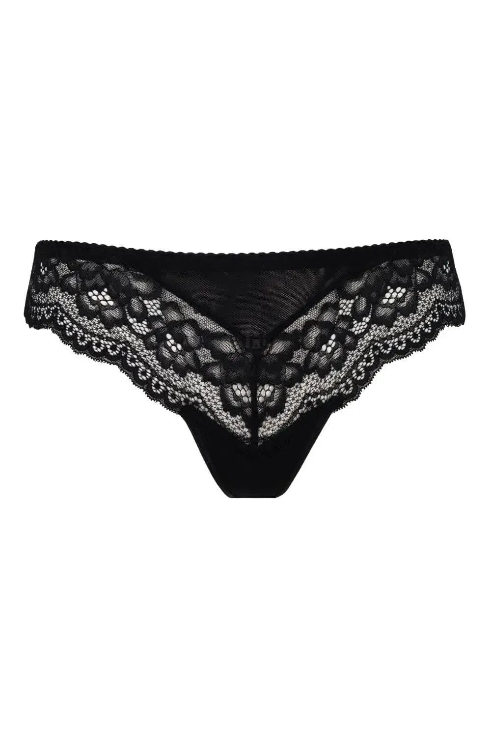 Zaina black lace thong with delicate, feminine design and keyhole back detail.