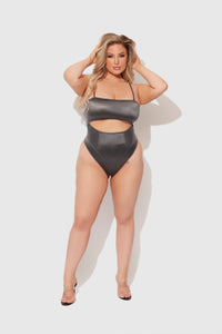 House of Desire Zoe High Shine Cutout Scoop Back Bodysuit Graphite Gray