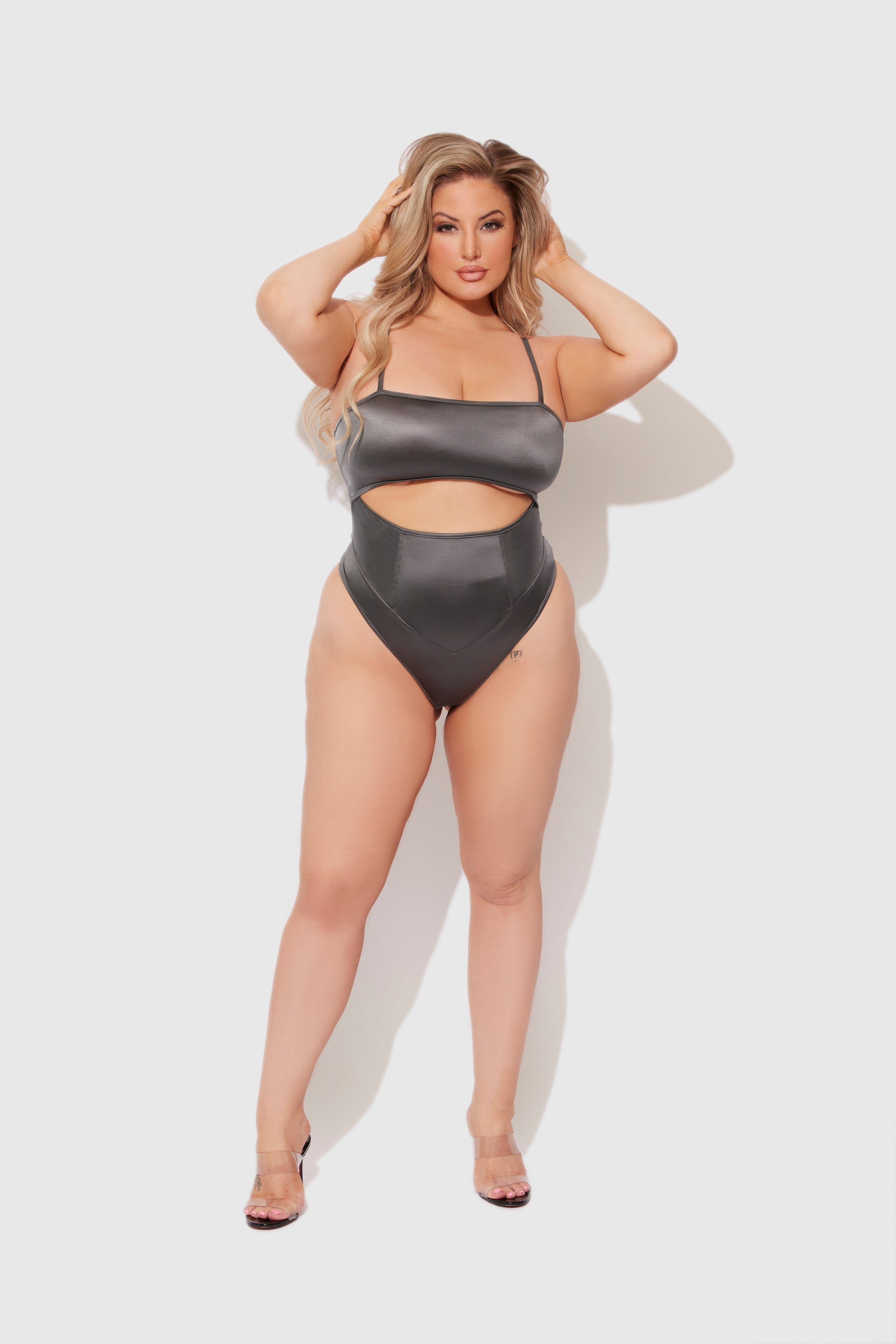 House of Desire Zoe High Shine Cutout Scoop Back Bodysuit Graphite Gray