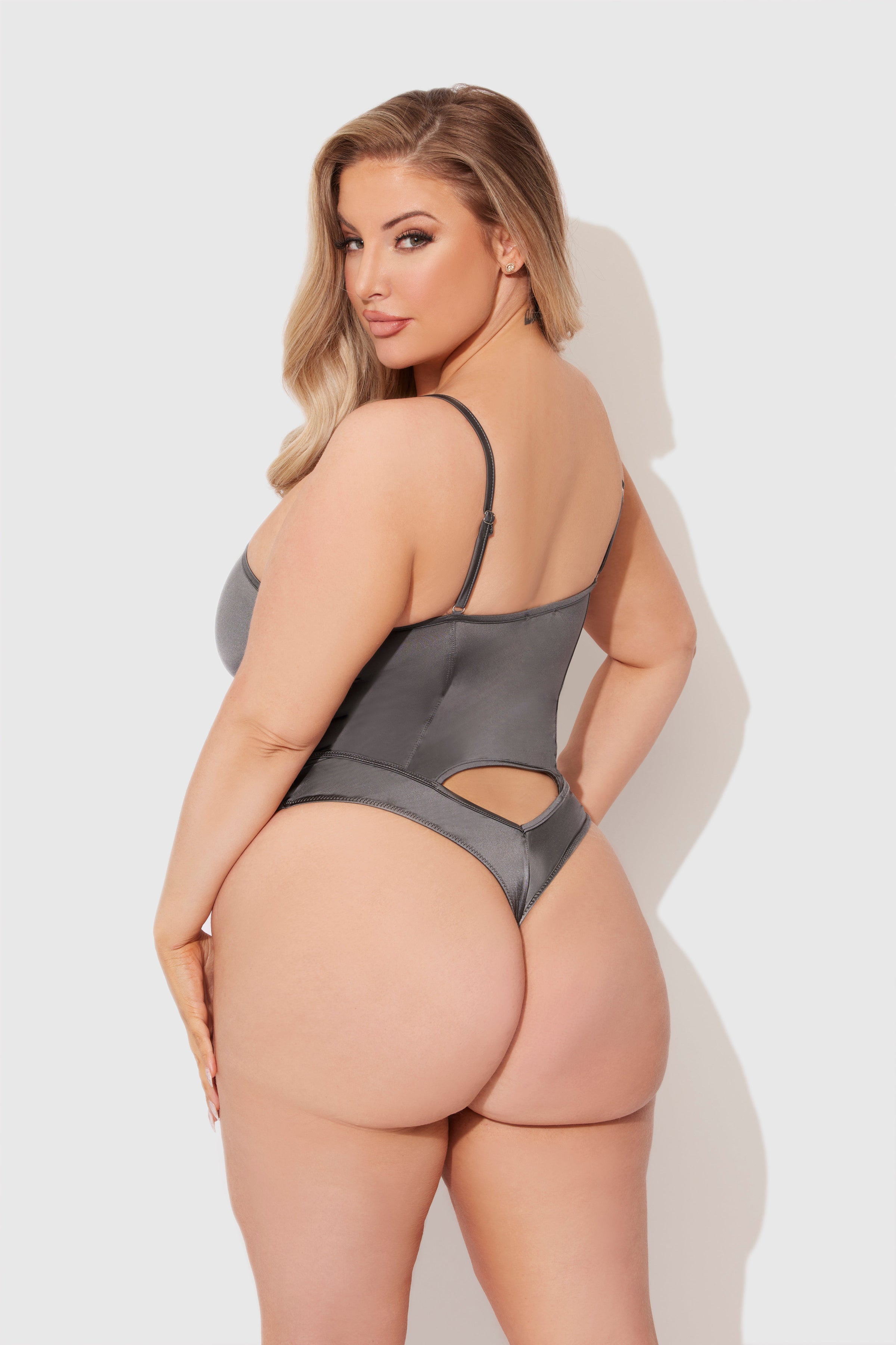 House of Desire Zoe High Shine Cutout Scoop Back Bodysuit Graphite Gray