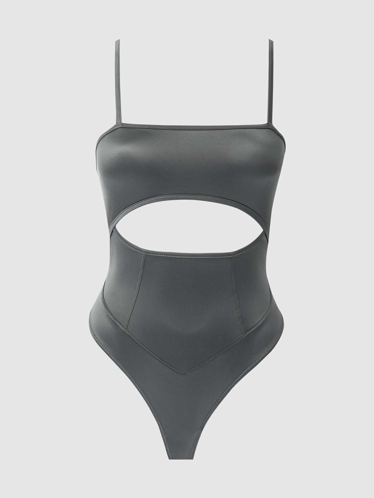 House of Desire Zoe High Shine Cutout Scoop Back Bodysuit Graphite Gray