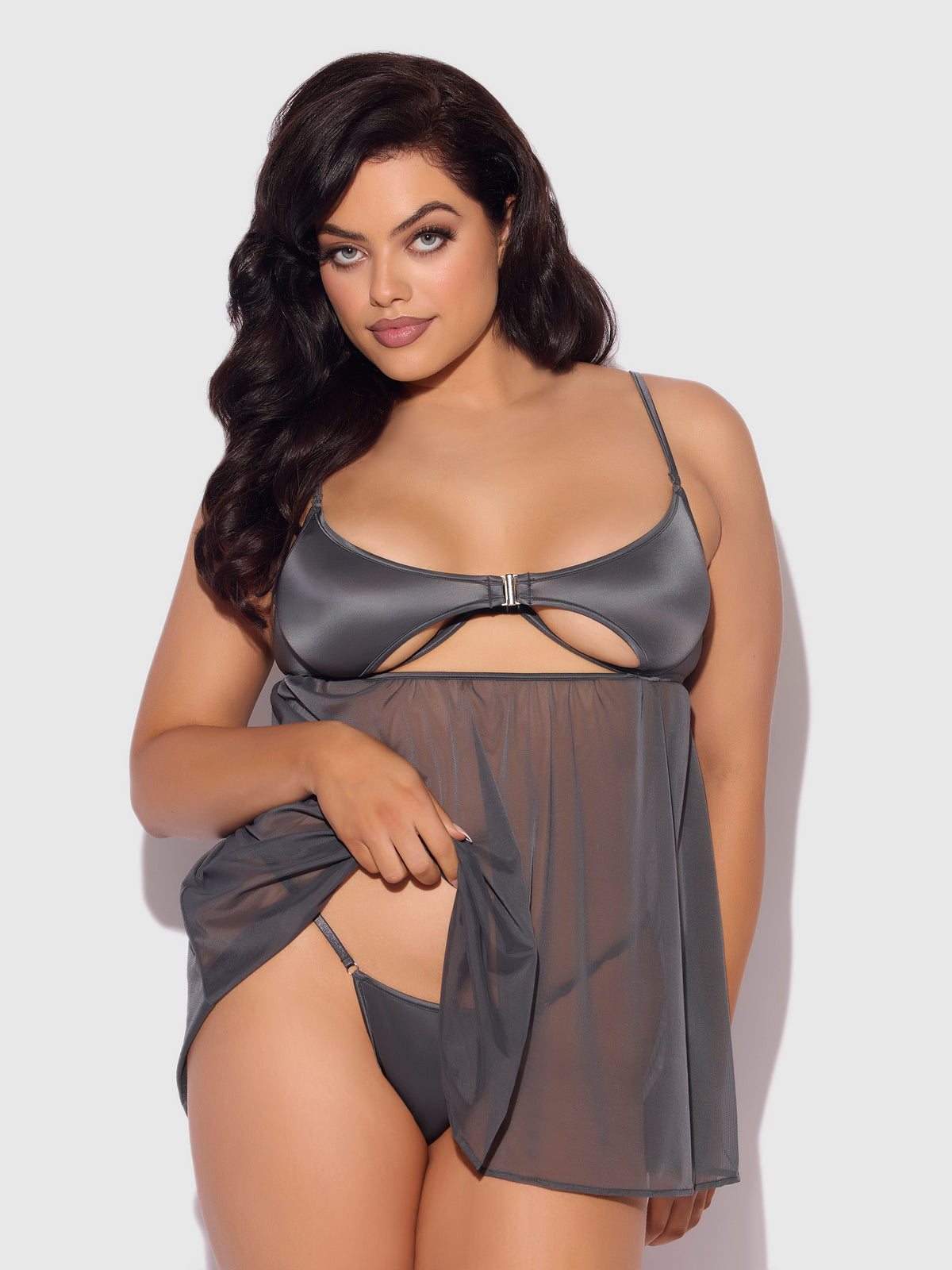 Zoe Oil Slick Openable Cup Underwire Babydoll Set Graphite