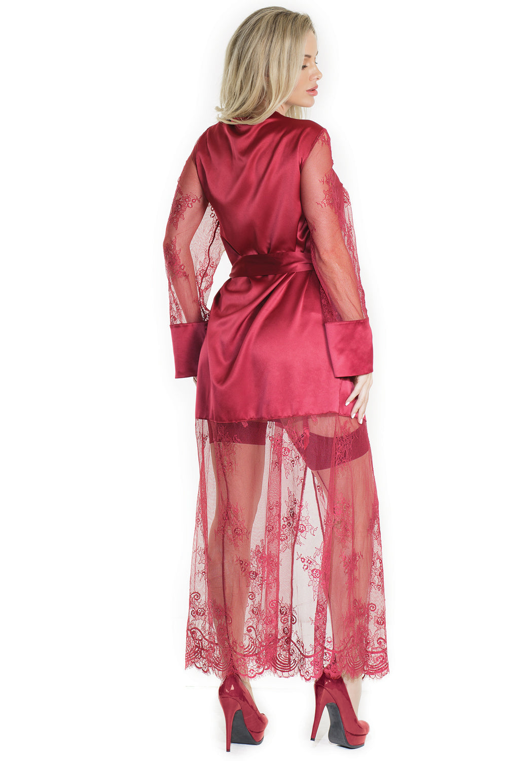 Coquette Glamour Satin Eyelash Lace Merlot Red Long Robe-Rebel Romance