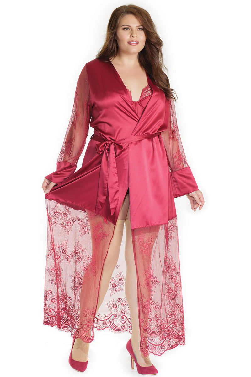 Coquette Diva Glamour Satin Eyelash Lace Merlot Red Long Robe-Rebel Romance