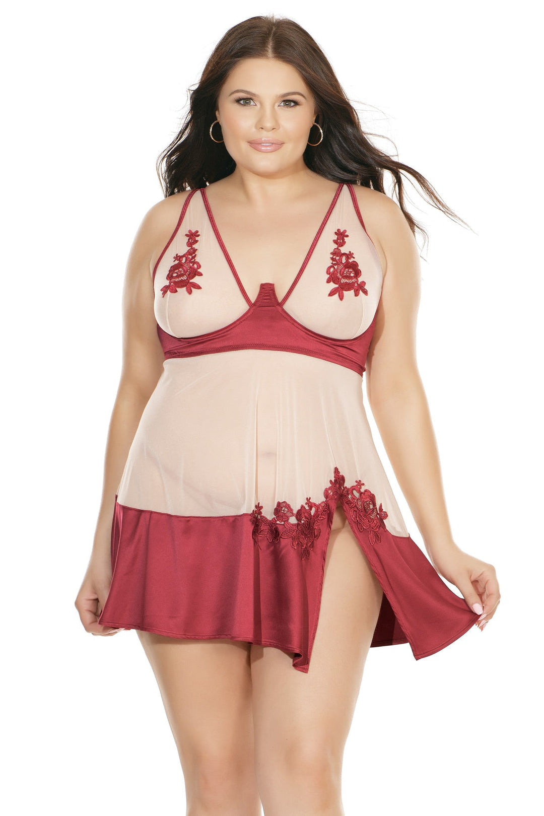 Diva Gorgeous Satin Underwire Babydoll and G-String Set Merlot Red