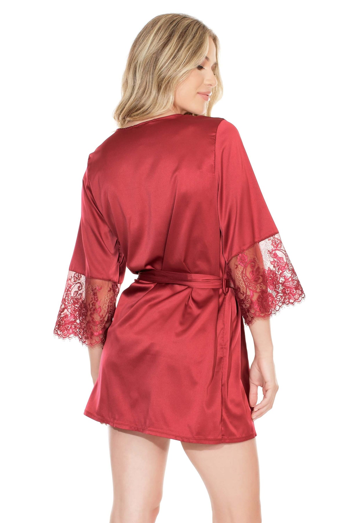 Coquette Merlot Stretch Satin Robe w/Eyelash Lace Sleeves-Rebel Romance