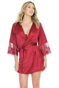 Coquette Merlot Stretch Satin Robe w/Eyelash Lace Sleeves-Rebel Romance