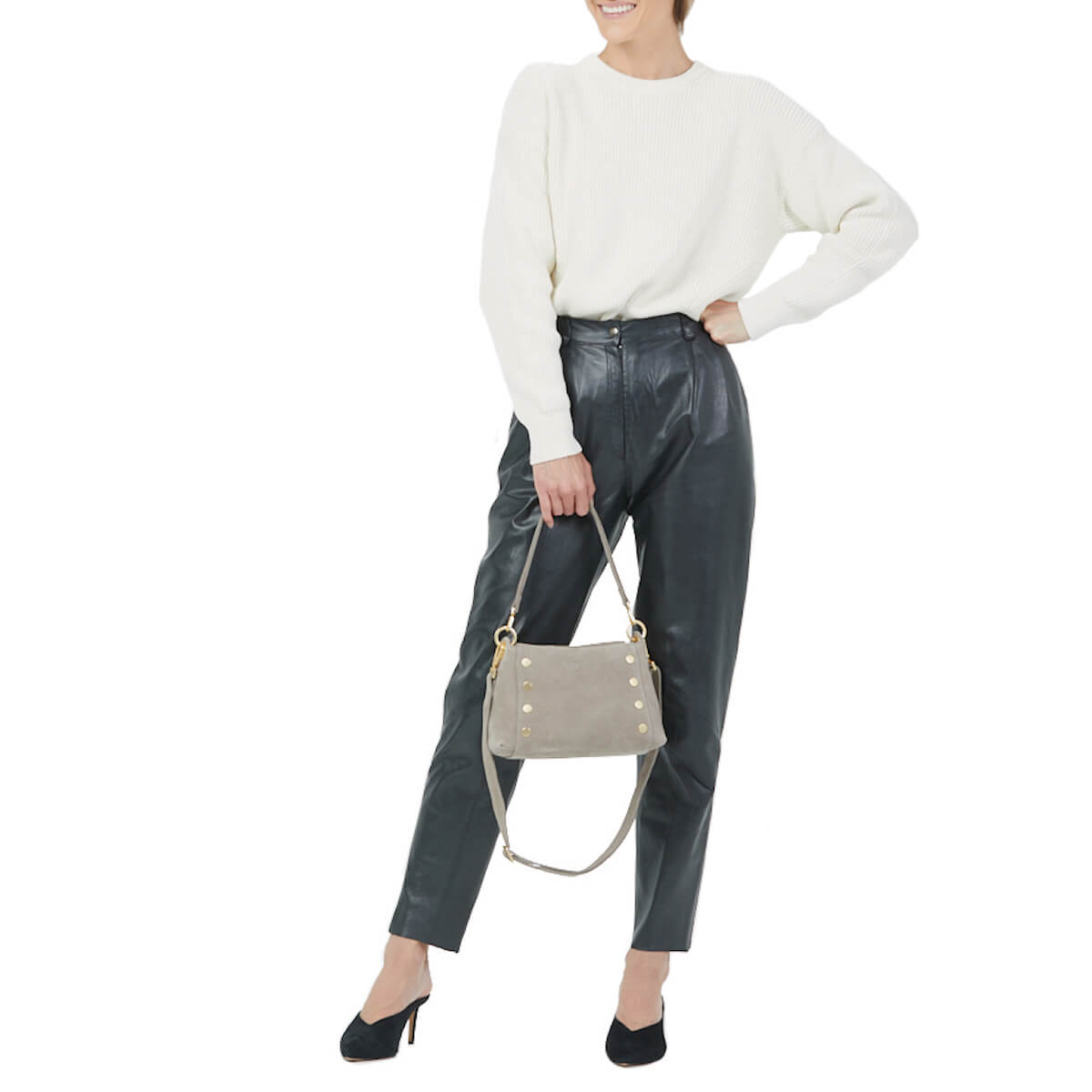 Bryant Med Leather Shoulder Bag Grey Natural/Brushed Gold-Rebel Romance