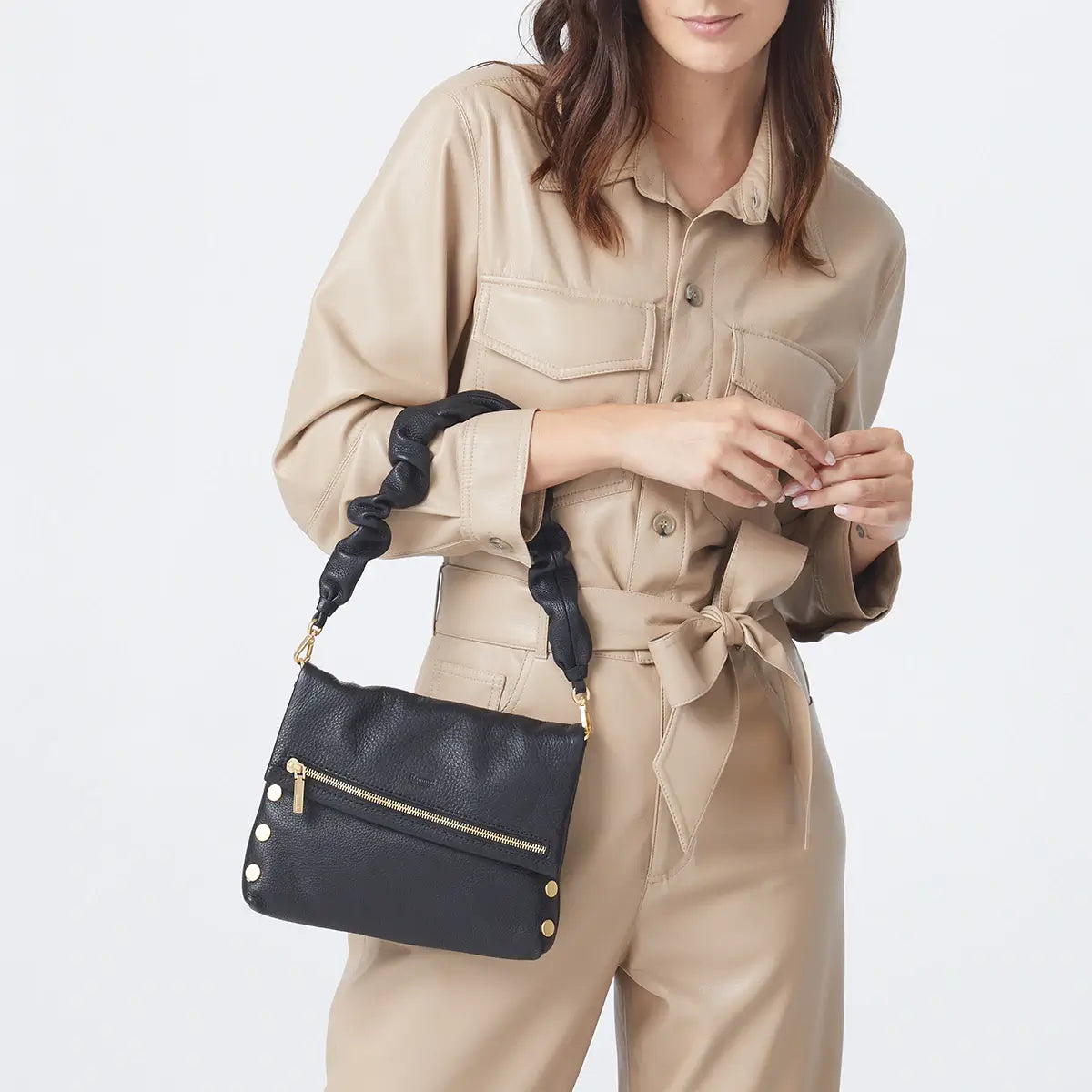 Leather Scrunchie Bag Ruched Strap Black/Brushed Gold-Rebel Romance