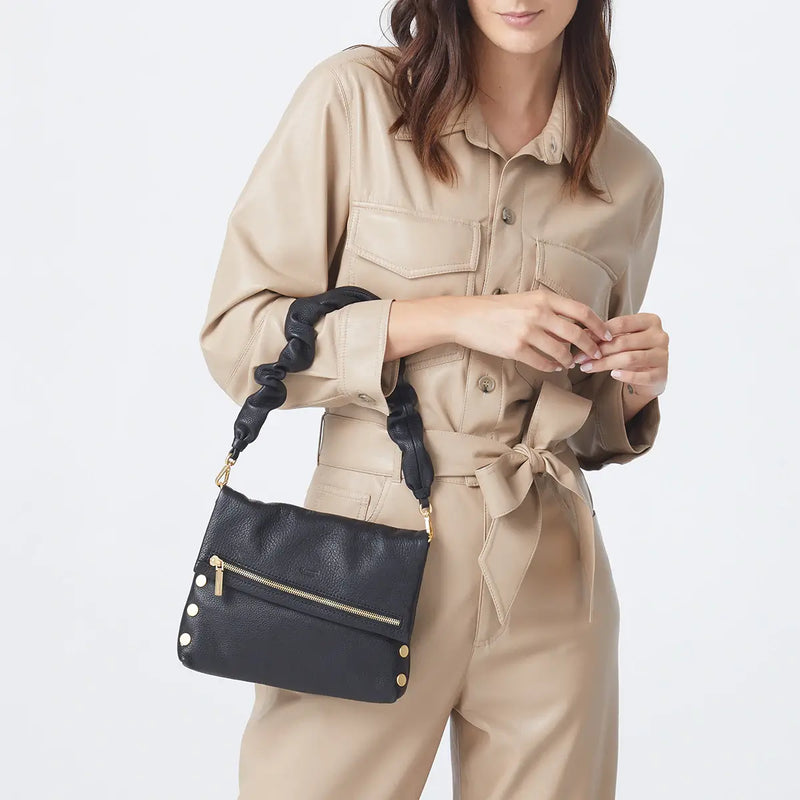 Leather Scrunchie Bag Ruched Strap Black/Brushed Gold-Rebel Romance