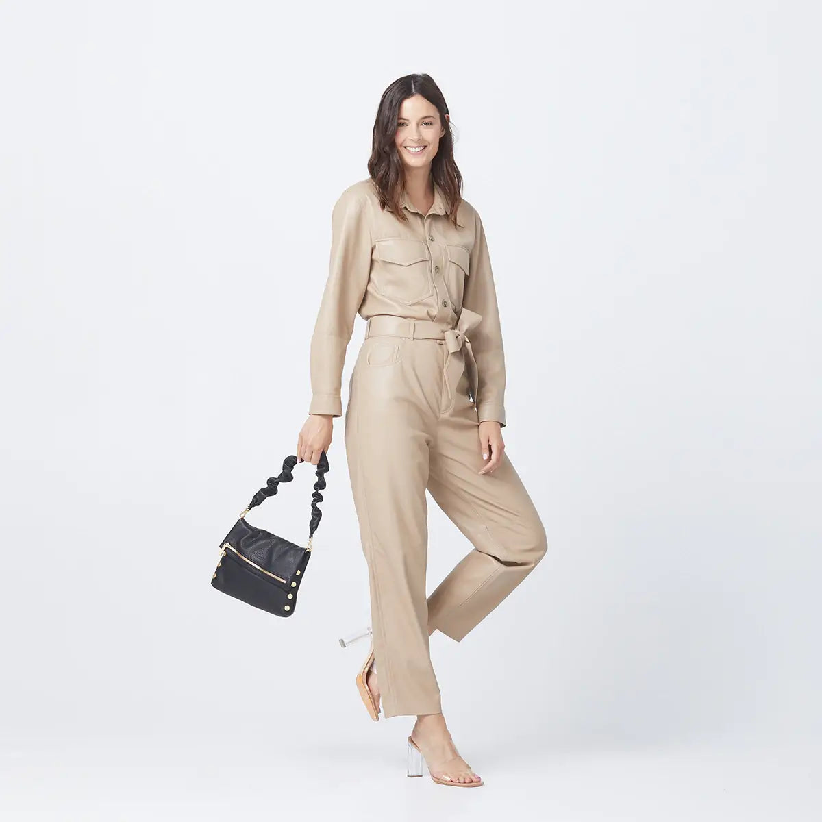 Leather Scrunchie Bag Ruched Strap Black/Brushed Gold-Rebel Romance