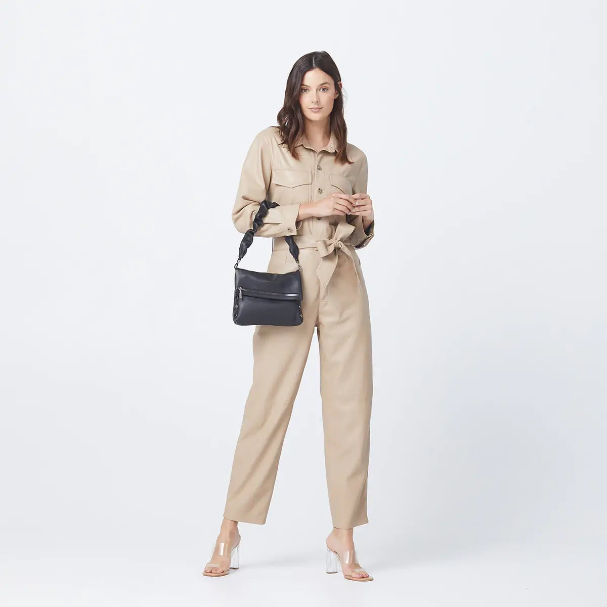 Leather Scrunchie Bag Ruched Strap Black/Gunmetal-Rebel Romance