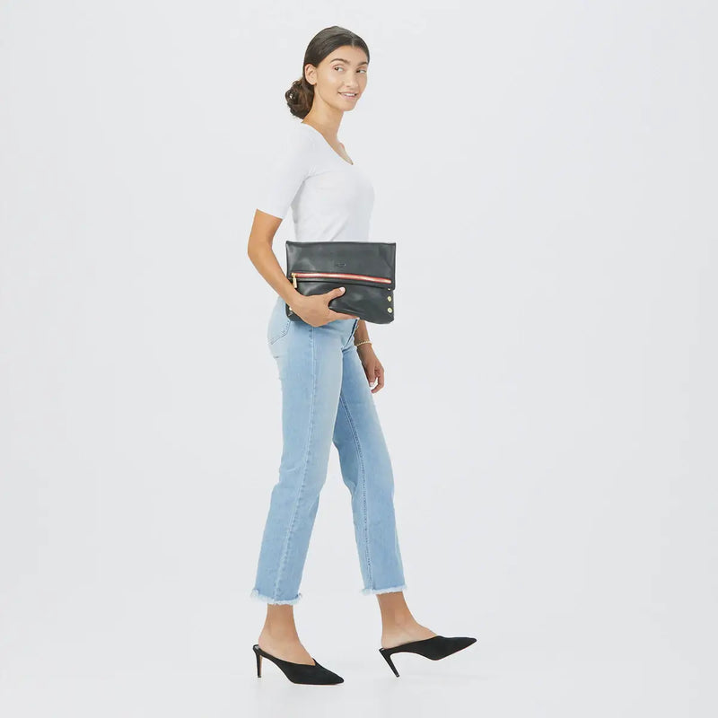 VIP Lrg Oversized Crossbody Clutch Black/Brushed Gold Red Zip-Rebel Romance