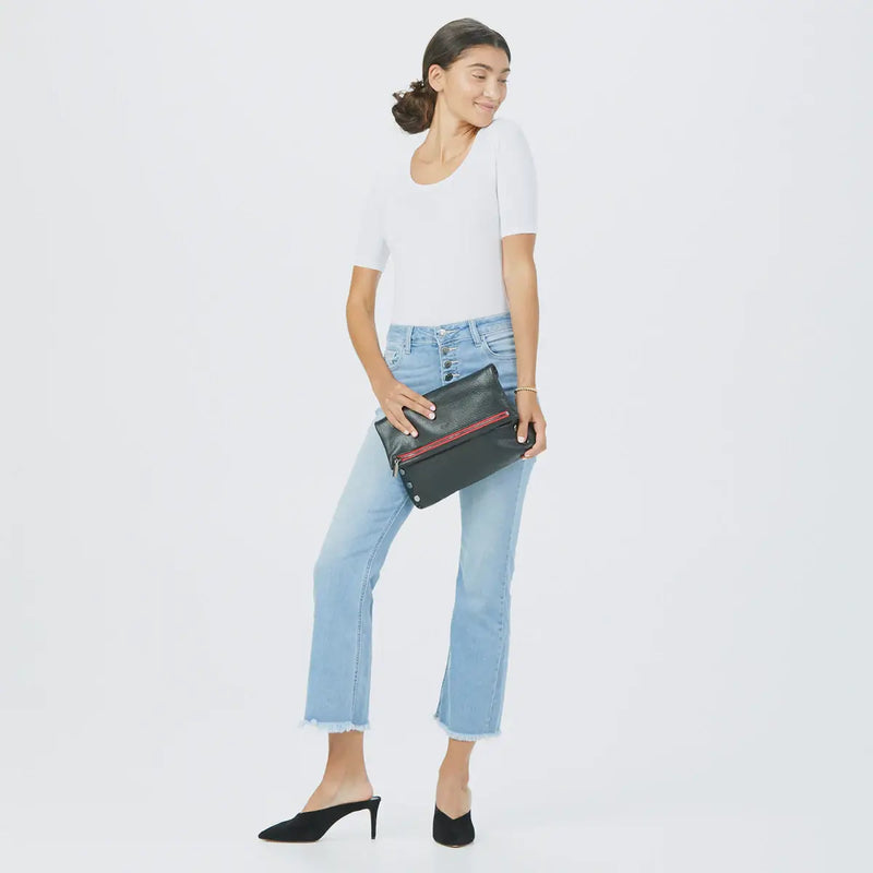 VIP Med Zippered Leather Crossbody Clutch Black/Gunmetal Red Zip-Rebel Romance