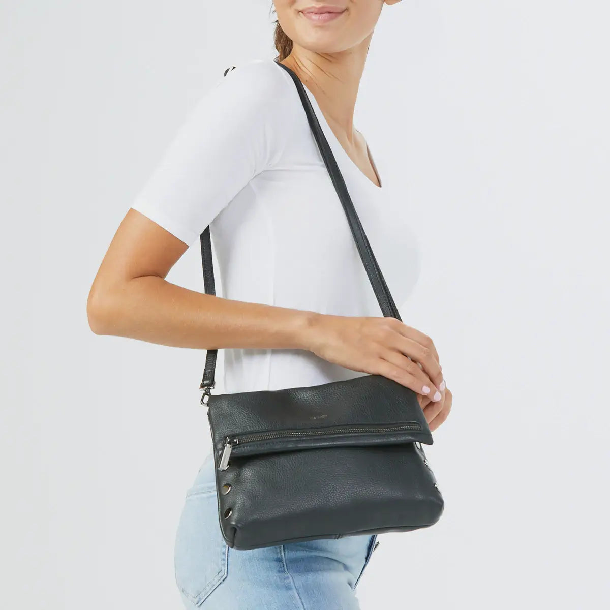 VIP Med Zippered Leather Crossbody Clutch Black/Gunmetal-Rebel Romance