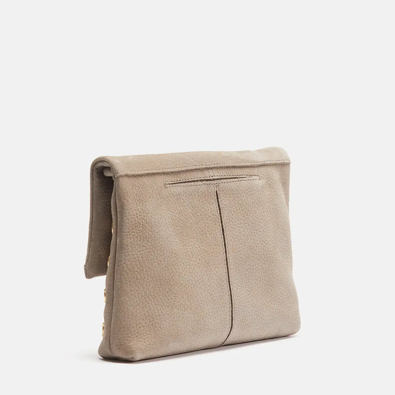 VIP Med Zippered Suede Crossbody Clutch Grey Natural/Brushed Gold-Rebel Romance
