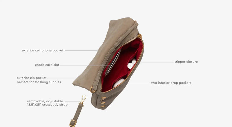 VIP Med Zippered Suede Crossbody Clutch Grey Natural/Brushed Gold-Rebel Romance