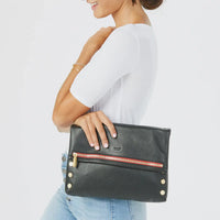 VIP Lrg Oversized Crossbody Clutch Black/Brushed Gold Red Zip-Rebel Romance