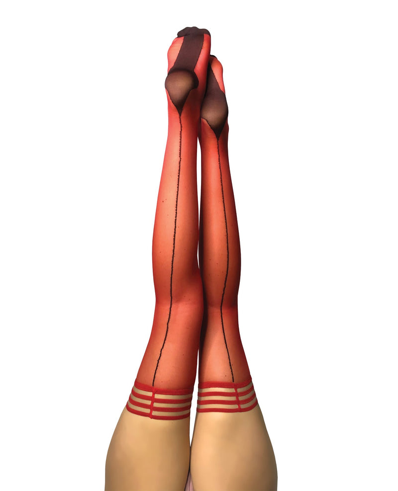 Kixies Monica Sheer Cuban Heel w/Back Seam Thigh Highs Red-Rebel Romance