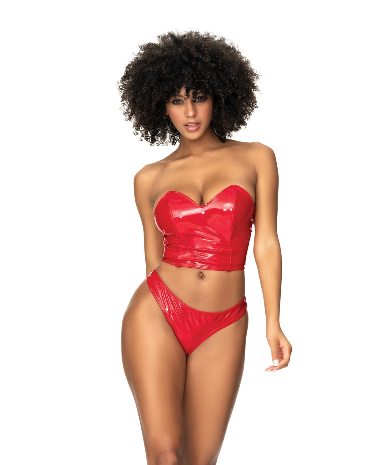 Mapale Wet Look Two in One Bustier Babydoll Set Red-Rebel Romance