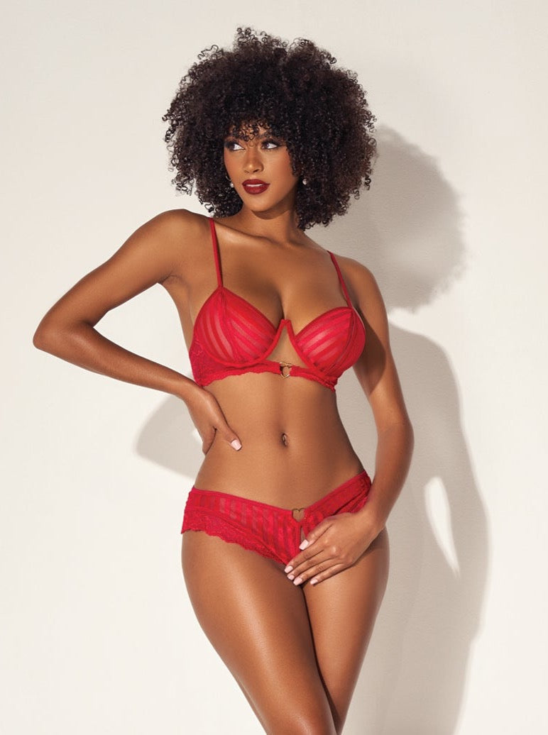 Mapale Shadow Stripe Underwire Bra Set w/Heart Detail & Crotchless Bottom Red-Rebel Romance