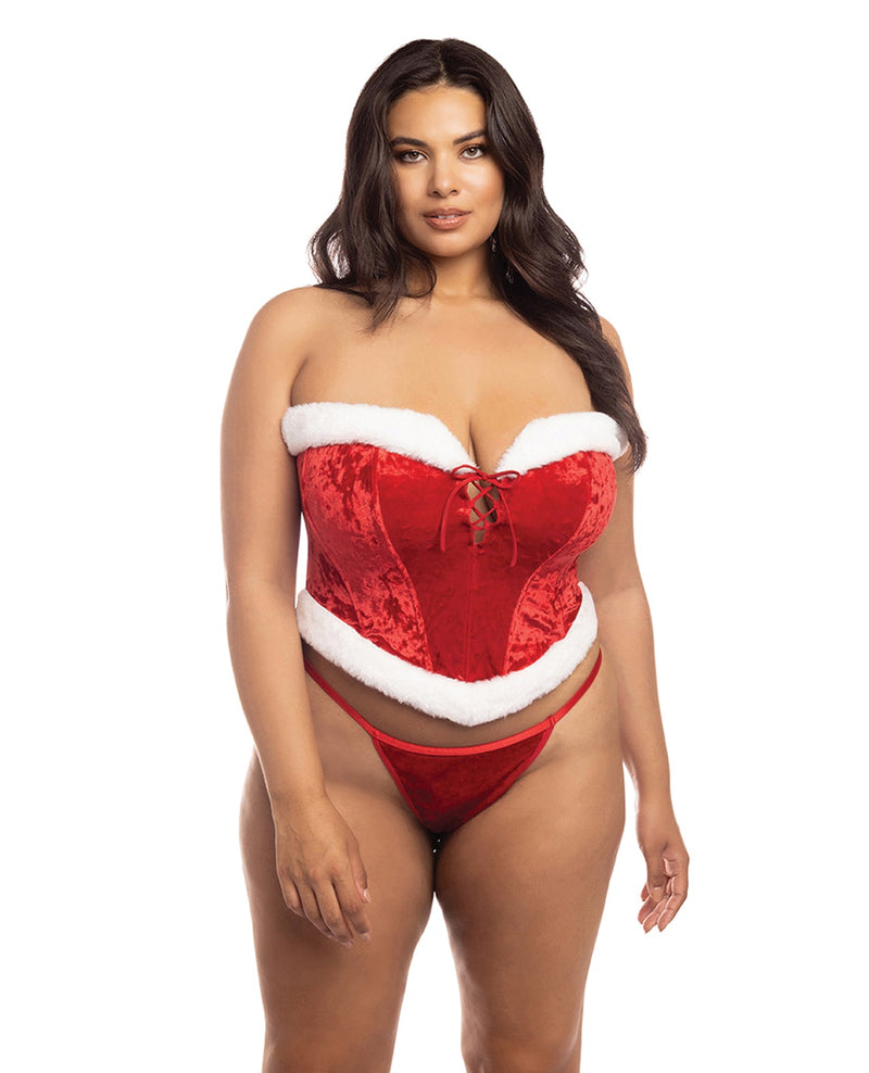 Curvy Holiday Santa's Entourage Velvet Bustier w/Marabou Trim Set-Rebel Romance