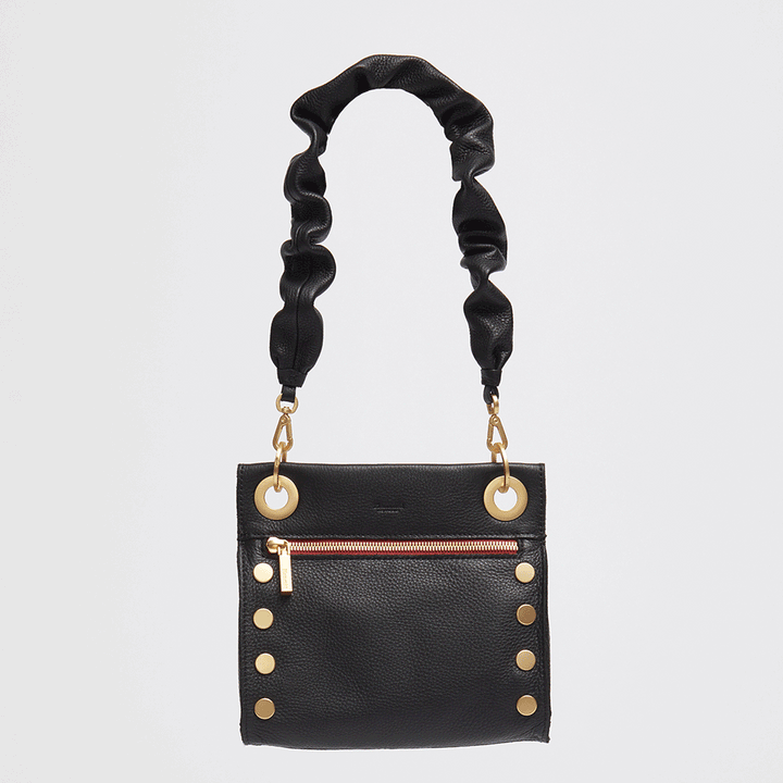 Leather Scrunchie Bag Ruched Strap Black/Brushed Gold