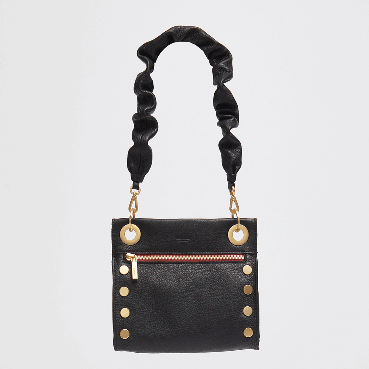 Leather Scrunchie Bag Ruched Strap Black/Brushed Gold-Rebel Romance