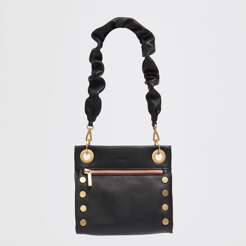 Leather Scrunchie Bag Ruched Strap Black/Brushed Gold-Rebel Romance