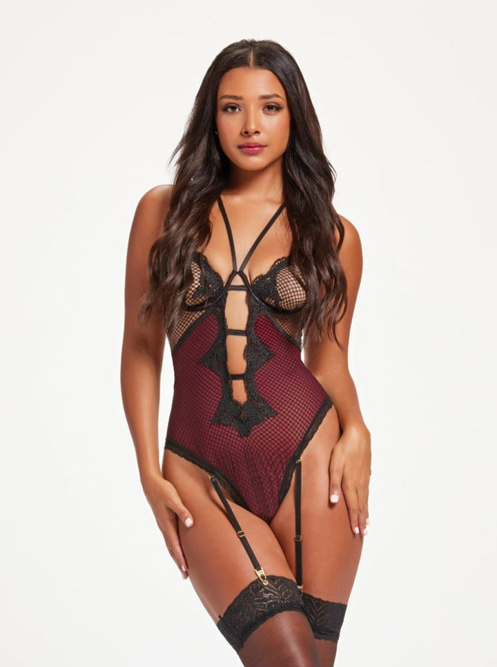 Seven 'til Midnight Fishnet & Stretch Lace Teddy Black/Wine-Rebel Romance