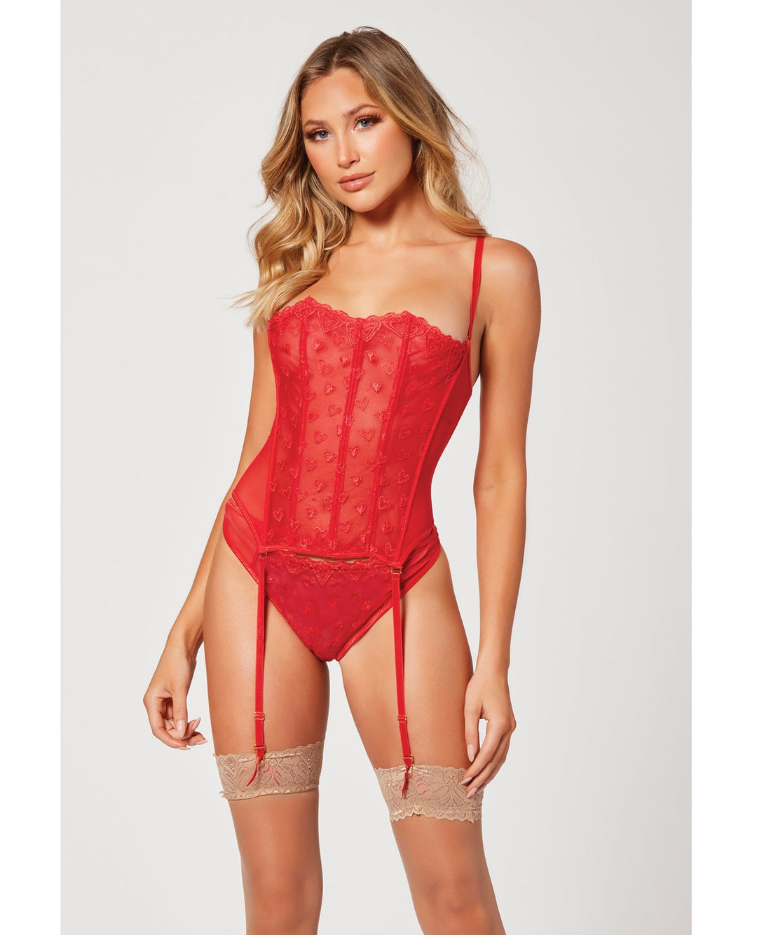 Seven 'til Midnight Valentines Heart Embroidered Mesh Bustier & Panty Red-Rebel Romance