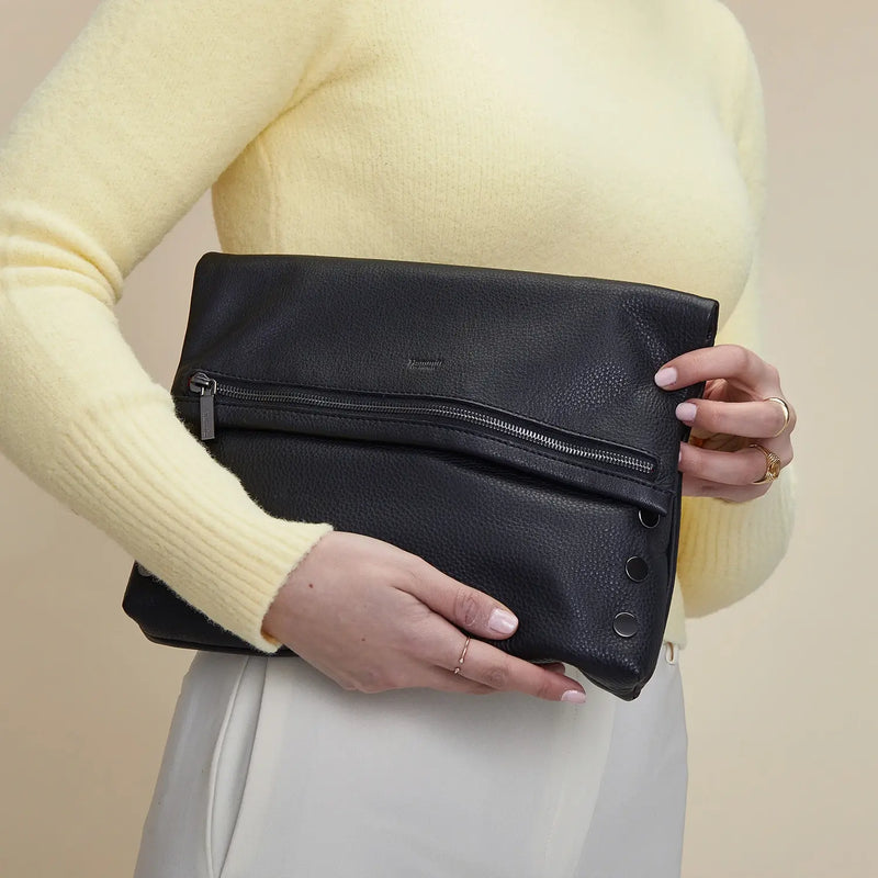 VIP Med Zippered Leather Crossbody Clutch Black/Gunmetal-Rebel Romance