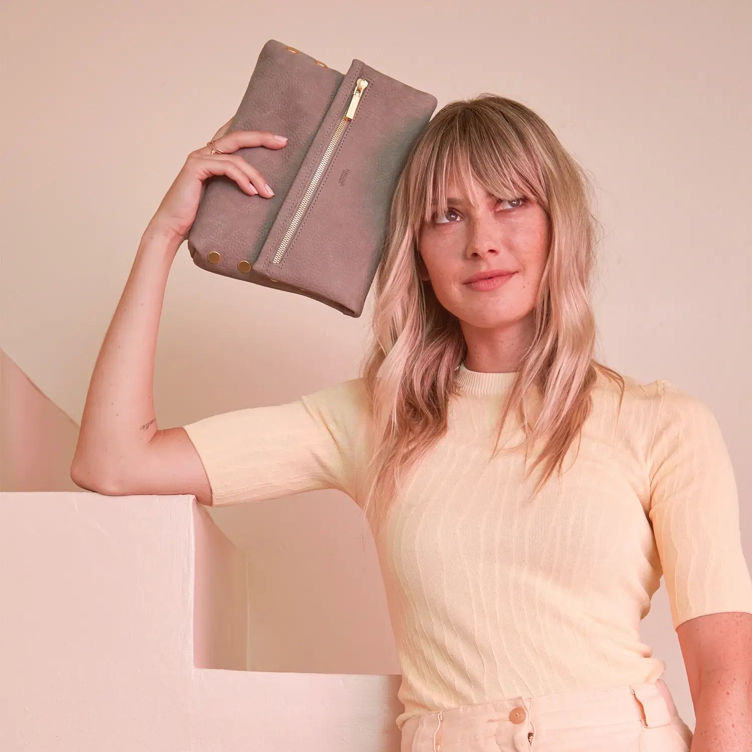 VIP Med Zippered Suede Crossbody Clutch Grey Natural/Brushed Gold-Rebel Romance