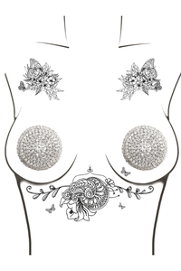 Sparkly silver rhinestone pasties on a mannequin, 3.5" wide, 4.5" high, with floral butterfly tattoos.