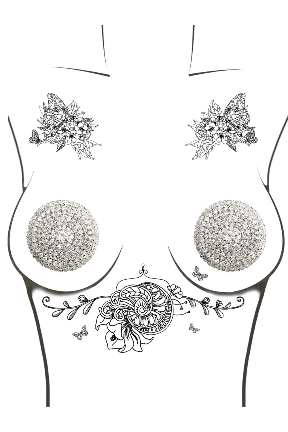 Sparkly silver rhinestone pasties on a mannequin, 3.5" wide, 4.5" high, with floral butterfly tattoos.