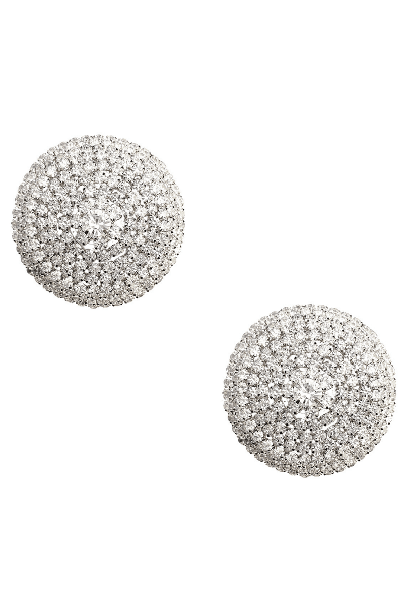 Stunning pair of round, self-adhering silver rhinestone pasties, sparkling like crystal jewels.